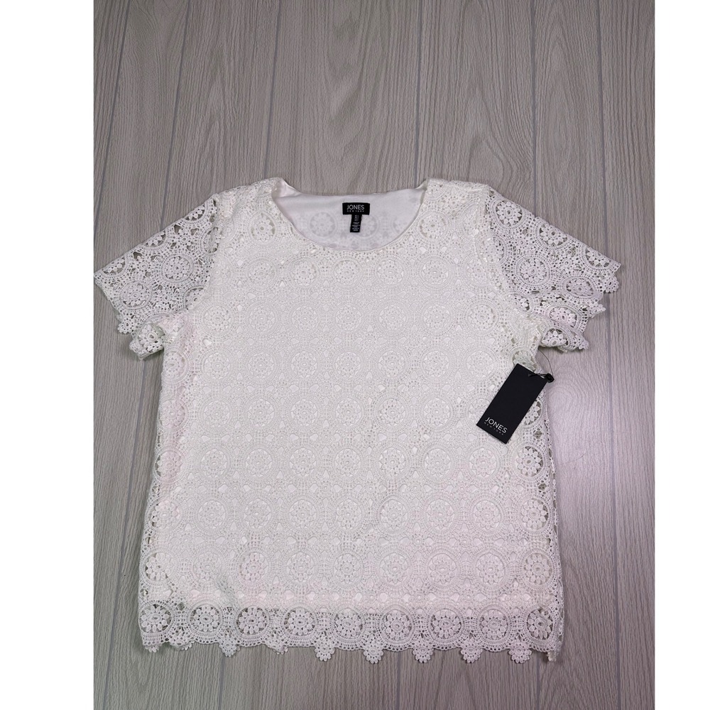 Jones New York NYC White Crochet Lace Short Sleeve Blouse Top Large NWT 10929529 - Picture 2 of 5